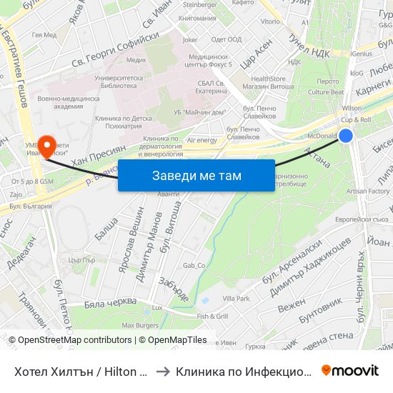 Хотел Хилтън / Hilton Hotel (0397) to Клиника по Инфекциозни Болести map