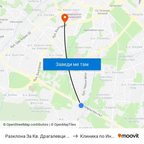 Разклона За Кв. Драгалевци / Fork Road To Dragalevtsi Qr. (1457) to Клиника по Инфекциозни Болести map