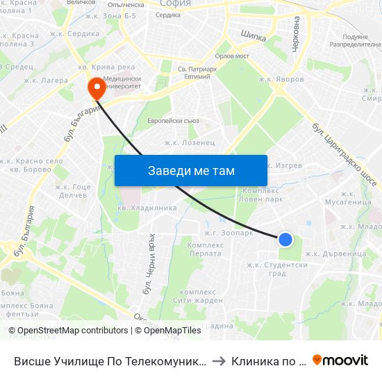 Висше Училище По Телекомуникации / University Of Telecommunications And Post (1396) to Клиника по Инфекциозни Болести map