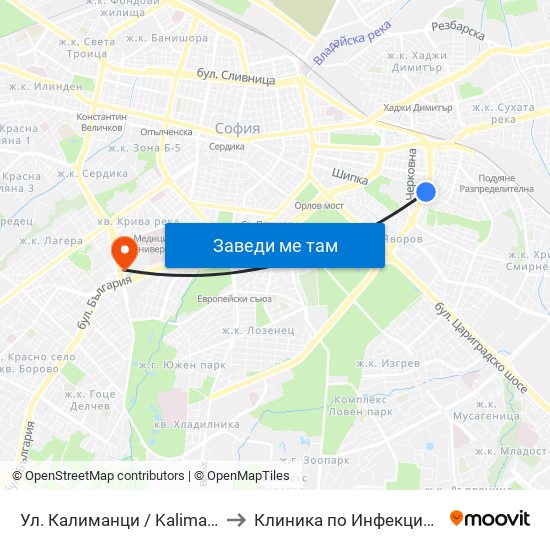 Ул. Калиманци / Kalimantsi St. (1972) to Клиника по Инфекциозни Болести map