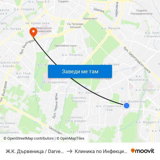 Ж.К. Дървеница / Darvenitsa Qr. (0800) to Клиника по Инфекциозни Болести map