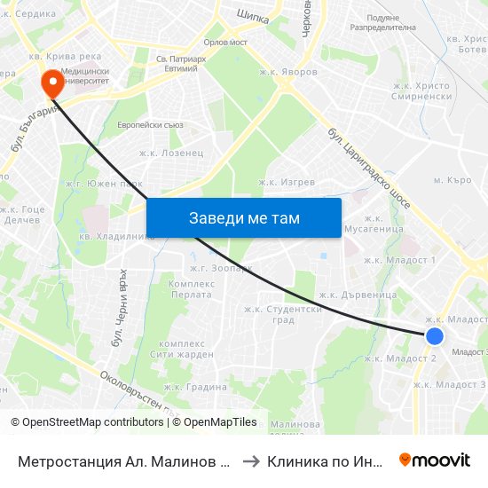 Метростанция Ал. Малинов / Al. Malinov Metro Station (0170) to Клиника по Инфекциозни Болести map