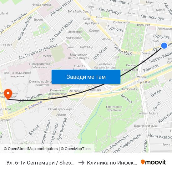 Ул. 6-Ти Септември / Shesti Septemvri St. (1806) to Клиника по Инфекциозни Болести map