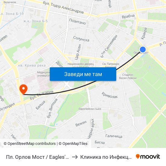 Пл. Орлов Мост / Eagles' Bridge Sq. (1289) to Клиника по Инфекциозни Болести map