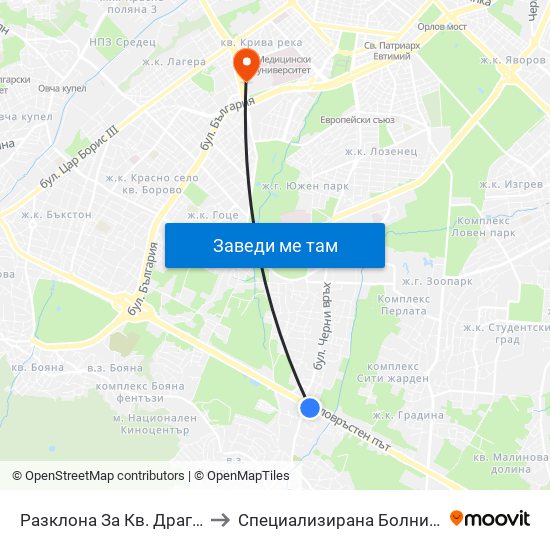 Разклона За Кв. Драгалевци / Fork Road To Dragalevtsi Qr. (1457) to Специализирана Болница за Активно Лечение по Белодробни Болести map