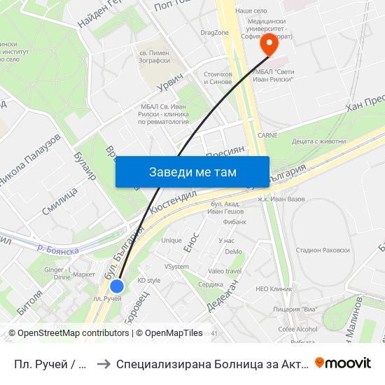 Пл. Ручей / Ruchey Sq. (1301) to Специализирана Болница за Активно Лечение по Белодробни Болести map