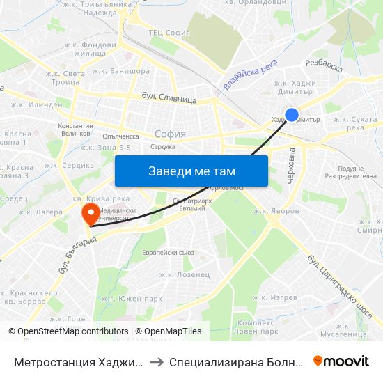 Метростанция Хаджи Димитър / Hadzhi Dimitar Metro Station (0303) to Специализирана Болница за Активно Лечение по Белодробни Болести map