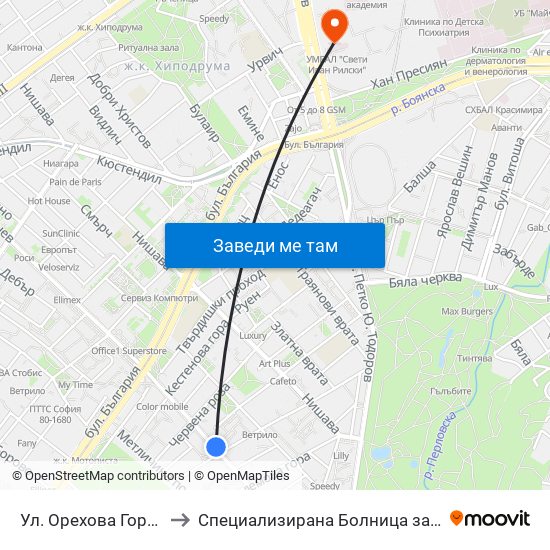 Ул. Орехова Гора / Orehova Gora St. (2089) to Специализирана Болница за Активно Лечение по Белодробни Болести map