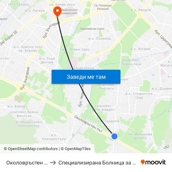 Околовръстен Път / Ring Road (1175) to Специализирана Болница за Активно Лечение по Белодробни Болести map