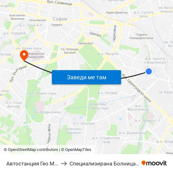 Автостанция Гео Милев / Geo Milev Bus Station (0052) to Специализирана Болница за Активно Лечение по Белодробни Болести map