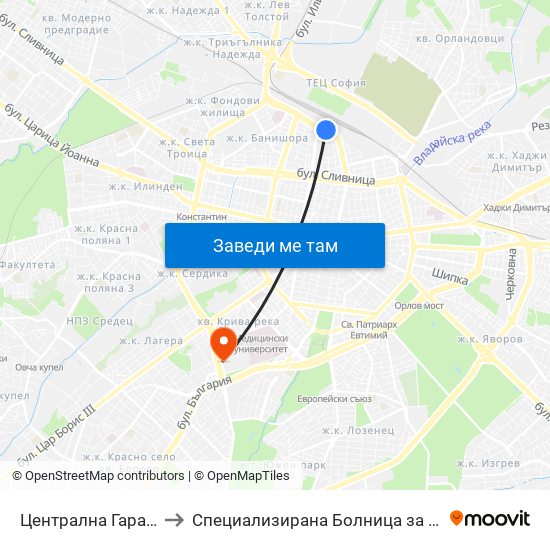 Централна Гара / Central Railway Station to Специализирана Болница за Активно Лечение по Белодробни Болести map