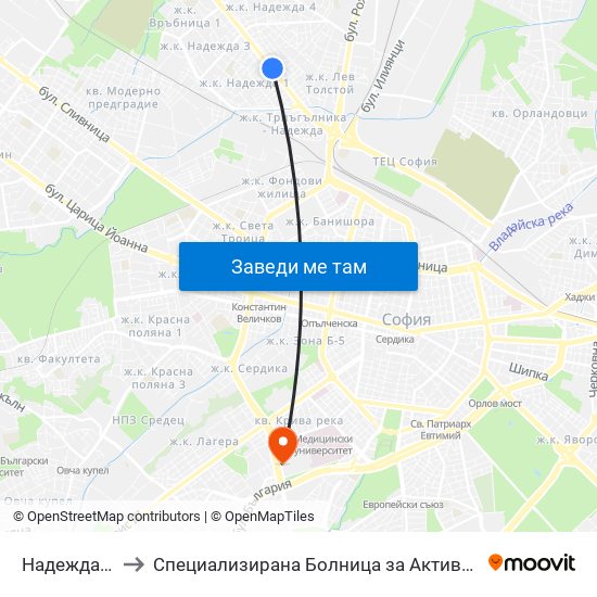 Надежда / Nadezhda to Специализирана Болница за Активно Лечение по Белодробни Болести map