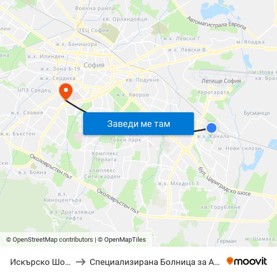 Искърско Шосе / Iskarsko Shosse to Специализирана Болница за Активно Лечение по Белодробни Болести map