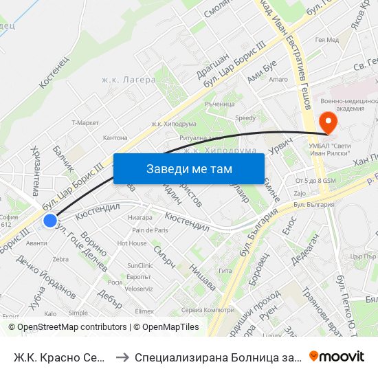Ж.К. Красно Село / Krasno Selo Qr. (0637) to Специализирана Болница за Активно Лечение по Белодробни Болести map