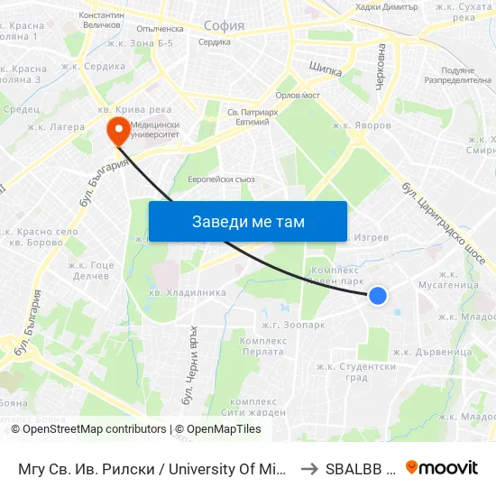 🎓 Минно-Геоложки Университет / University Of Mining And Geology (1033) to SBALBB Sv.Anna map