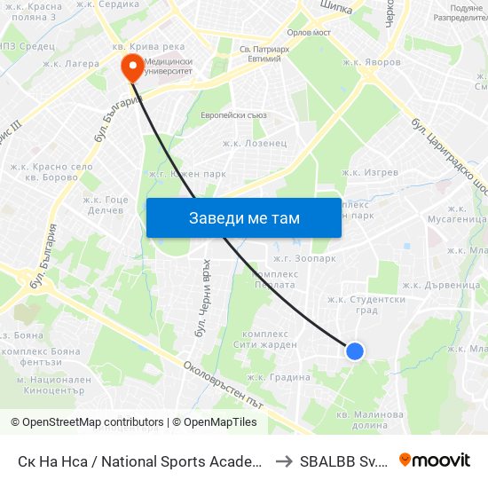 Ск На Нса / National Sports Academy (1609) to SBALBB Sv.Anna map