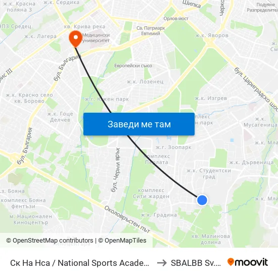 Ск На Нса / National Sports Academy (1609) to SBALBB Sv.Anna map