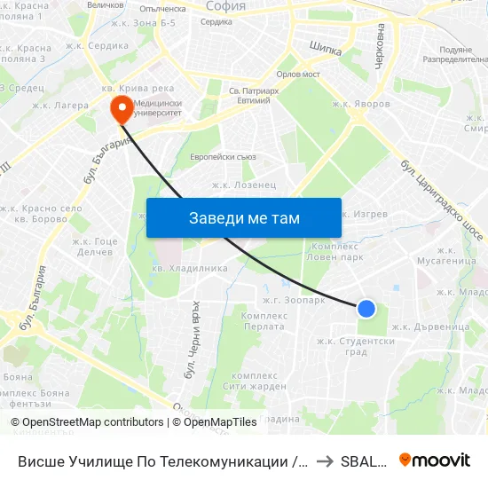 Висше Училище По Телекомуникации / University Of Telecommunications And Post (1396) to SBALBB Sv.Anna map