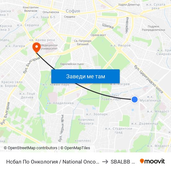 Нсбал По Онкология / National Oncology Hospital (2542) to SBALBB Sv.Anna map