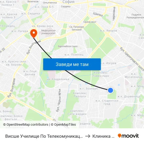 Висше Училище По Телекомуникации / University Of Telecommunications And Post (1397) to Клиника по Ревматология map