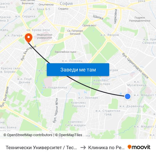 Технически Университет / Technical University (1743) to Клиника по Ревматология map