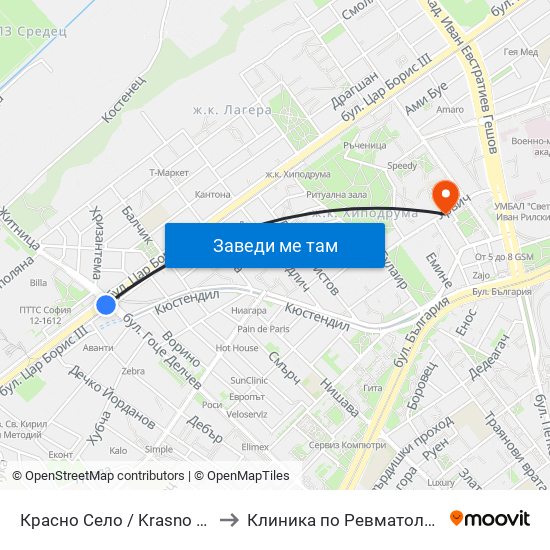 Красно Село / Krasno Selo to Клиника по Ревматология map