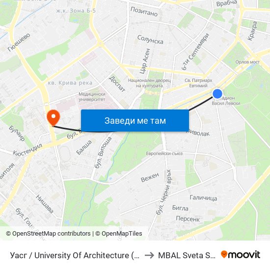 Уасг / University Of Architecture (0386) to MBAL Sveta Sofia map