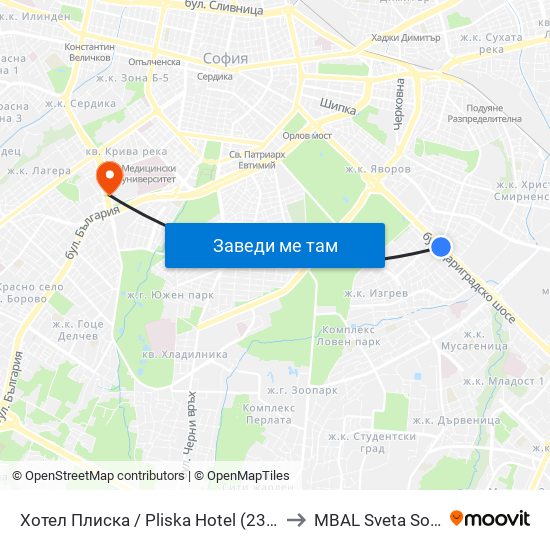 Хотел Плиска / Pliska Hotel (2326) to MBAL Sveta Sofia map