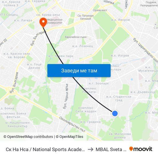 Ск На Нса / National Sports Academy (1609) to MBAL Sveta Sofia map