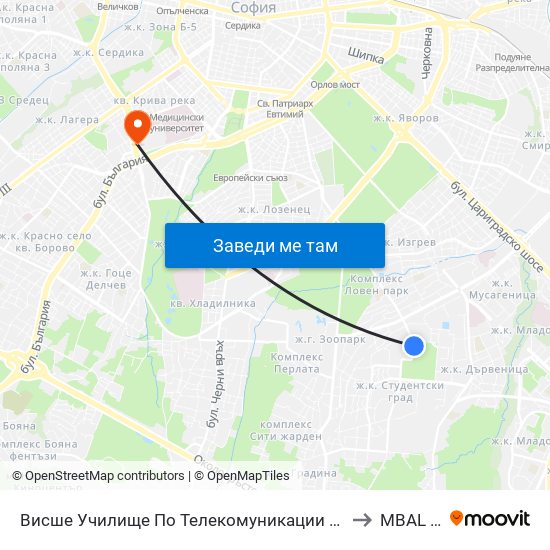 Висше Училище По Телекомуникации / University Of Telecommunications And Post (1397) to MBAL Sveta Sofia map