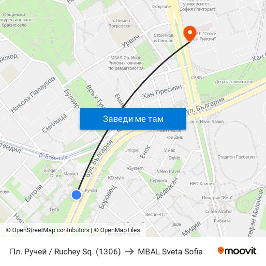 Пл. Ручей / Ruchey Sq. (1306) to MBAL Sveta Sofia map