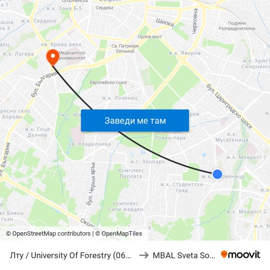 Лту / University Of Forestry (0614) to MBAL Sveta Sofia map