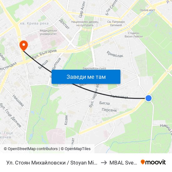 Ул. Стоян Михайловски / Stoyan Mihaylovski St. (2191) to MBAL Sveta Sofia map