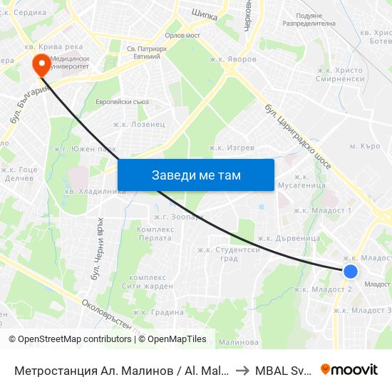 Метростанция Ал. Малинов / Al. Malinov Metro Station (0170) to MBAL Sveta Sofia map