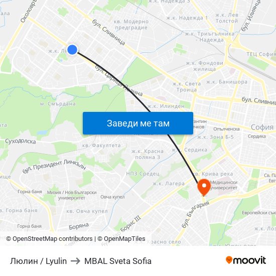 Люлин / Lyulin to MBAL Sveta Sofia map