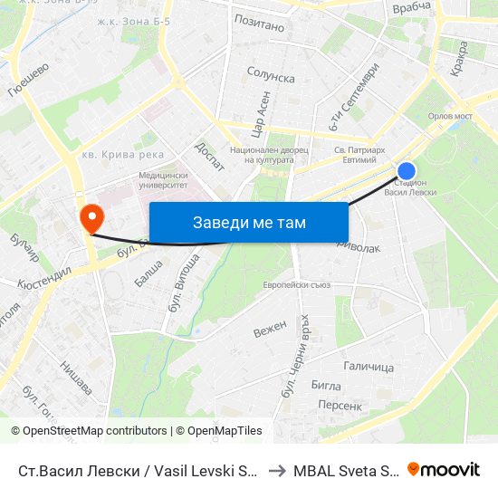 Ст.Васил Левски / Vasil Levski Stadium to MBAL Sveta Sofia map