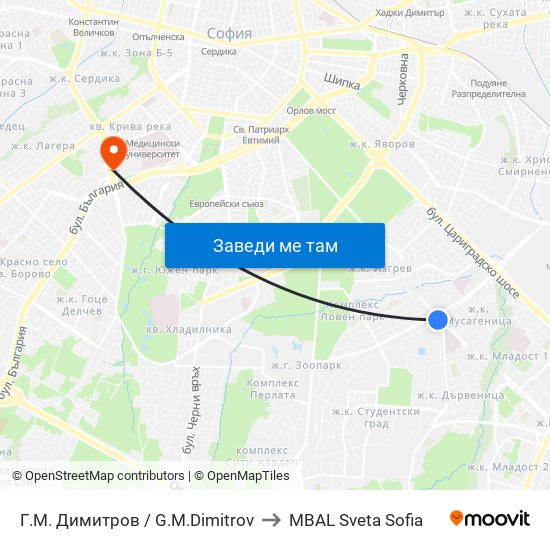 Г.М. Димитров / G.M.Dimitrov to MBAL Sveta Sofia map