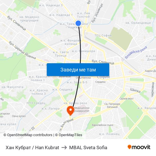 Хан Кубрат / Han Kubrat to MBAL Sveta Sofia map