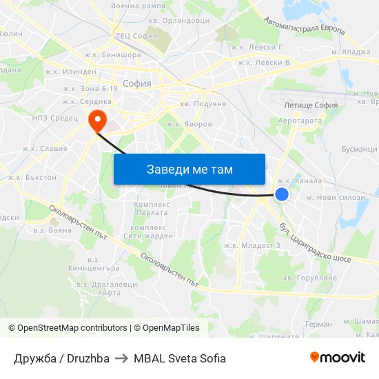 Дружба / Druzhba to MBAL Sveta Sofia map