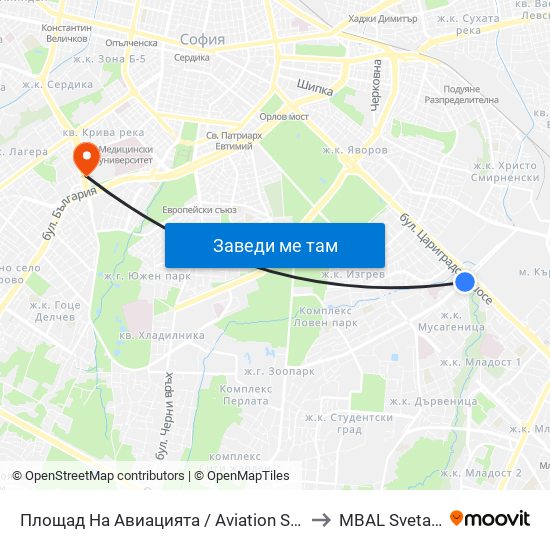 Площад На Авиацията / Aviation Square (1257) to MBAL Sveta Sofia map