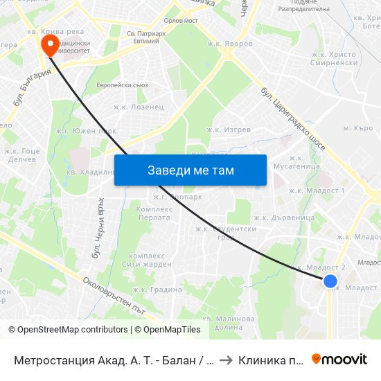 Метростанция Акад. А. Т. - Балан / Acad. A. T.-Balan Metro Station (1917) to Клиника по Психиатрия map
