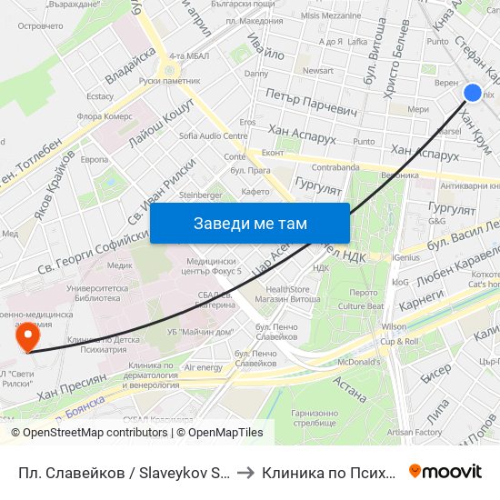 Пл. Славейков / Slaveykov Sq. (1908) to Клиника по Психиатрия map