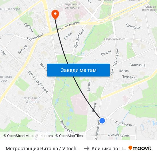 Метростанция Витоша / Vitosha Metro Station (0909) to Клиника по Психиатрия map