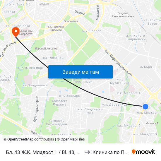 Бл. 43 Ж.К. Младост 1 / Bl. 43, Mladost 1 Qr. (0218) to Клиника по Психиатрия map