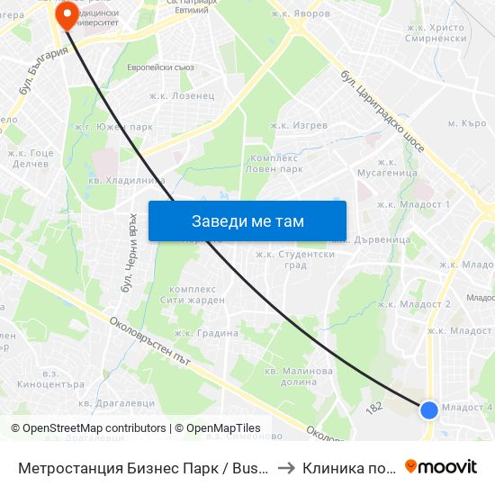 Метростанция Бизнес Парк / Business Park Metro Station (2490) to Клиника по Психиатрия map