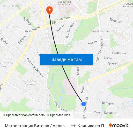 Метростанция Витоша / Vitosha Metro Station (2755) to Клиника по Психиатрия map