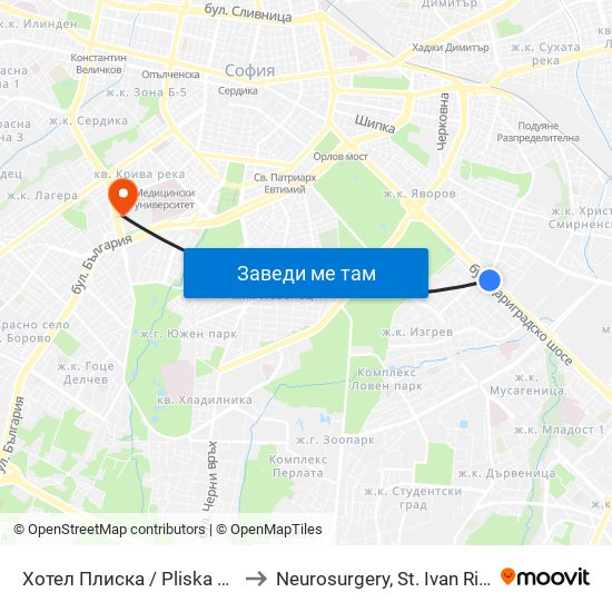 Хотел Плиска / Pliska Hotel (2326) to Neurosurgery, St. Ivan Rilski hospital map