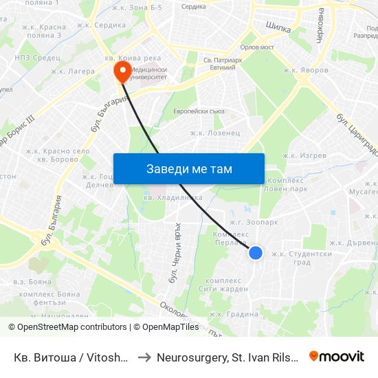 Кв. Витоша / Vitosha (0821) to Neurosurgery, St. Ivan Rilski hospital map