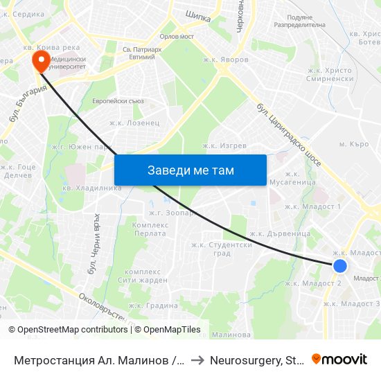 Метростанция Ал. Малинов / Al. Malinov Metro Station (0170) to Neurosurgery, St. Ivan Rilski hospital map