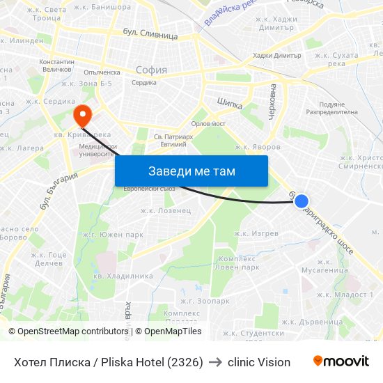 Хотел Плиска / Pliska Hotel (2326) to clinic Vision map
